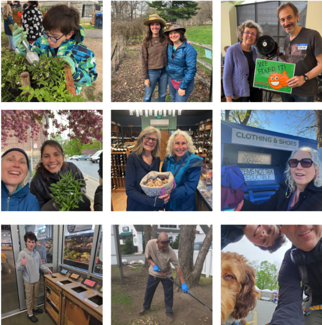 Grid of nine photos of Rivertowns Earth Month scavenger hunt participants planting, recycling corks, repairing items, and cleaning up outdoors.