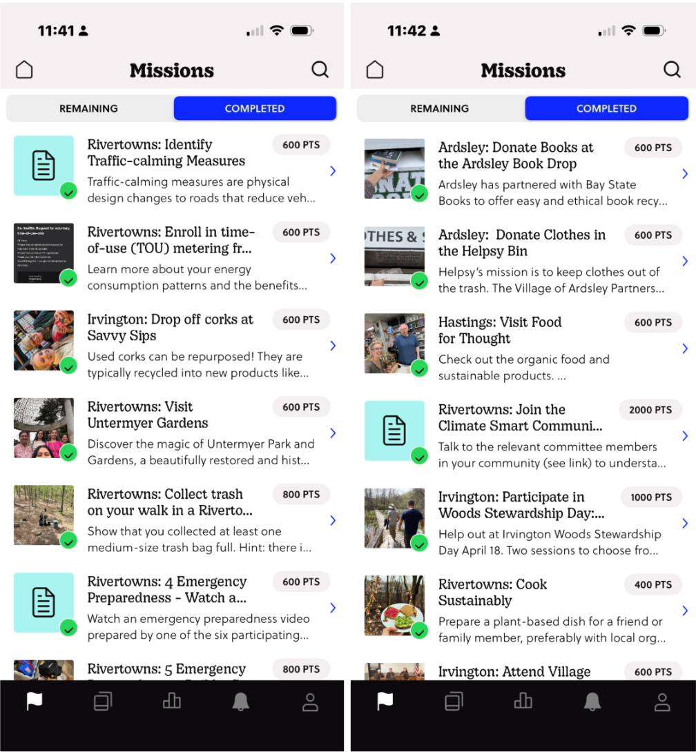 Two phone screenshots of completed Goosechase missions from the Rivertowns Earth Month hunt, like donating books, visiting gardens, and collecting trash.