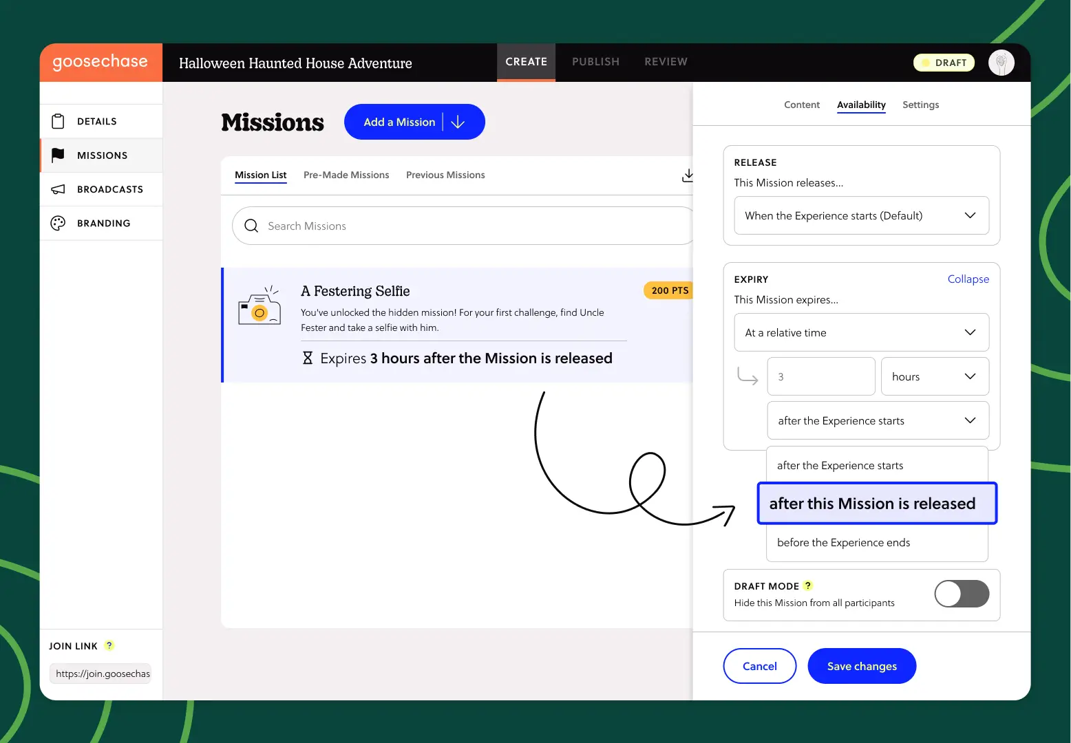 Goosechase Studio Expiry settings with 'after this Mission is released' selected, setting a Mission to expire 3 hours after release.