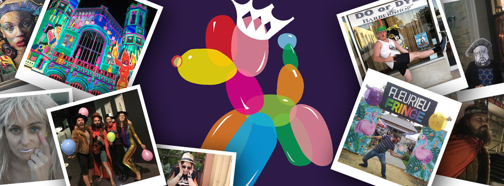 photos of people partying and a colorful establishment with an illustration of a dog made of balloon in the center