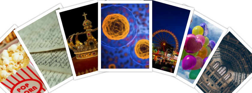 Picture collage of popcorn, letters, crowns, balloons, and a carnival