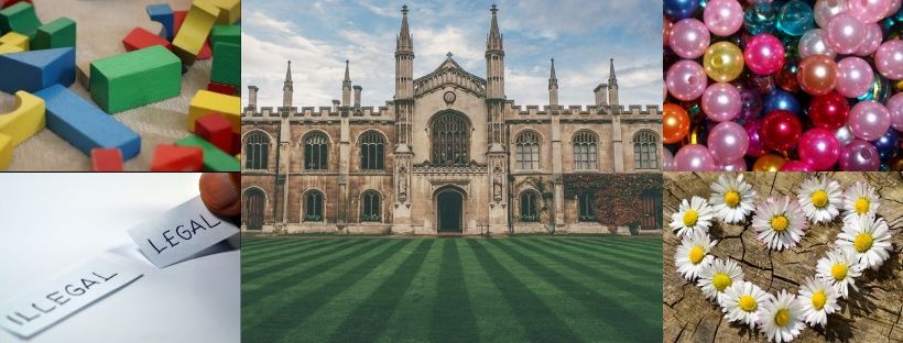 Collage of blocks, words, flowers, beads, and a castle