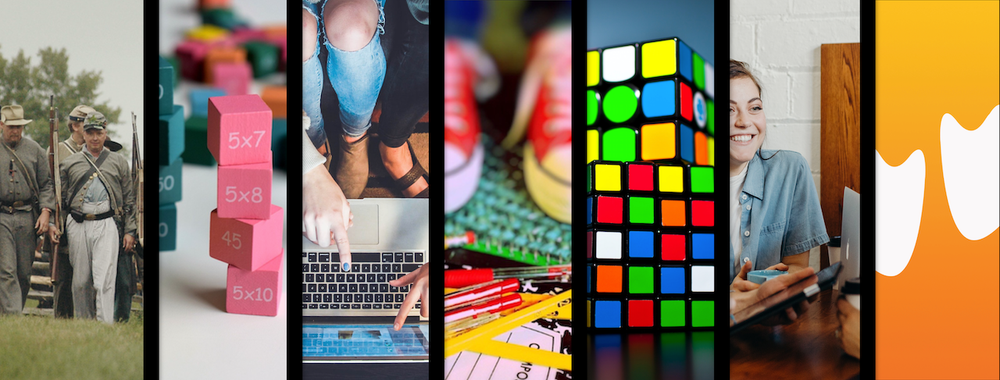 Picture collage of school supplies and people