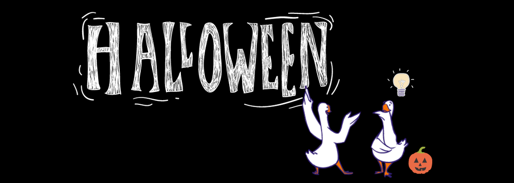 two geese in front of the word Halloween