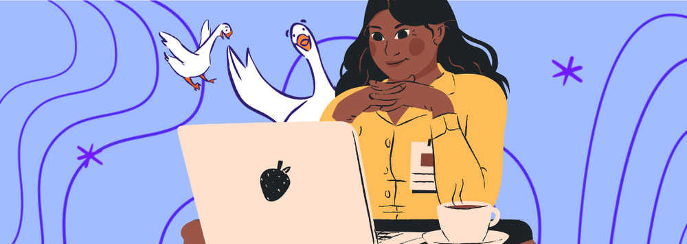 an illustration of a woman using a laptop with coffee on the side and two geese over her shoulder