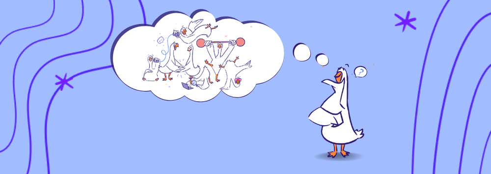 a goose thinking, with a thought bubble appearing overhead that has several geese doing activities within it