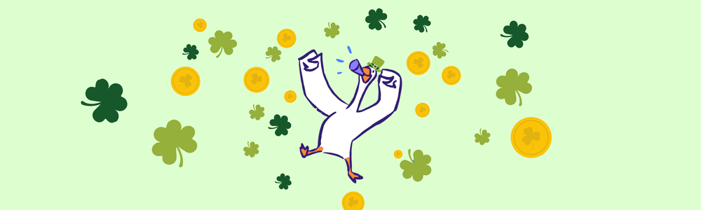 a white goose wearing a green hat on a green background, celebrating St Patrick's Day