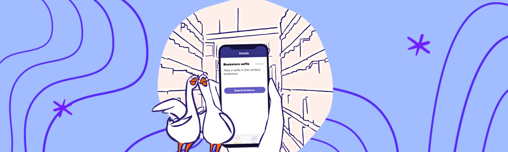 two geese posing and a phone on the background