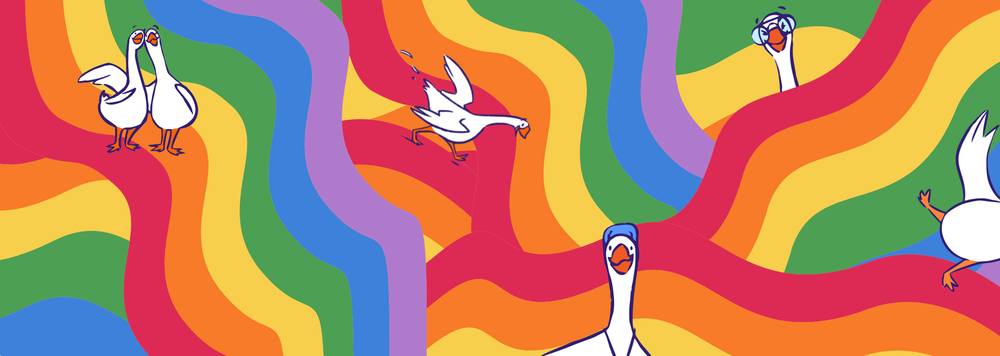 Happy geese against a rainbow background