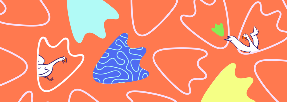 Two geese facing each other against a background of multi-coloured goose feet