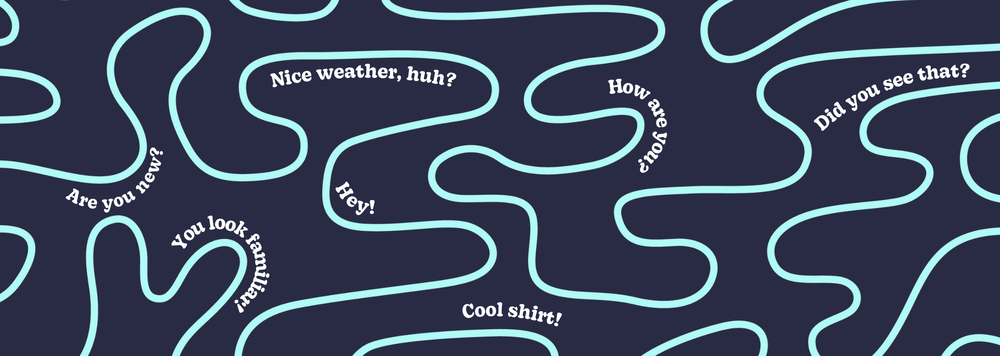 Greetings like "Are you new?" and "How are you?" around a blue scribbles