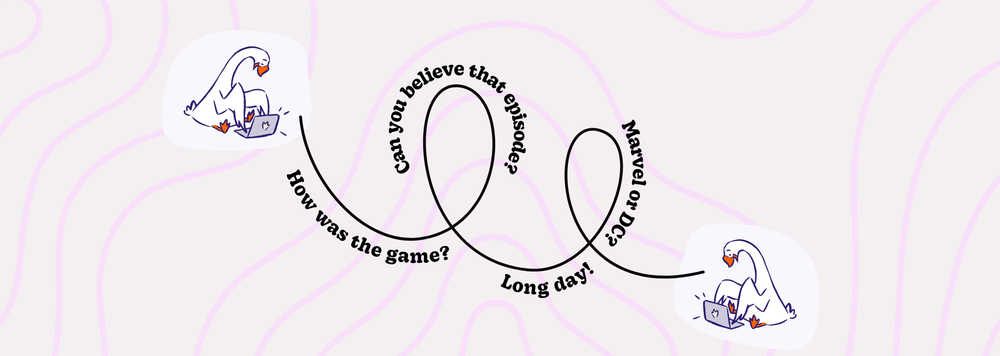 Two geese chatting on their computers