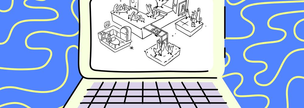 A laptop screen showing goslings doing different school activities