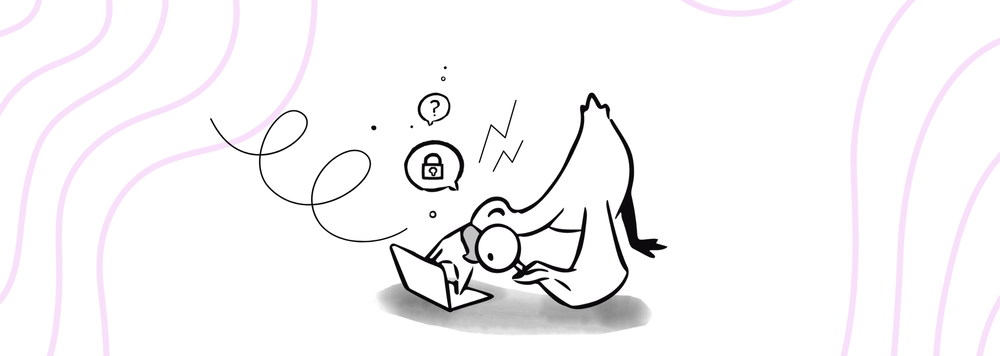 A goose staring at a laptop screen with a magnifying glass. There is a question bubble above its head with a lock.