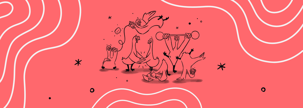 A group of geese doing different activities: weightlifting, dancing, working on a laptop, holding hands