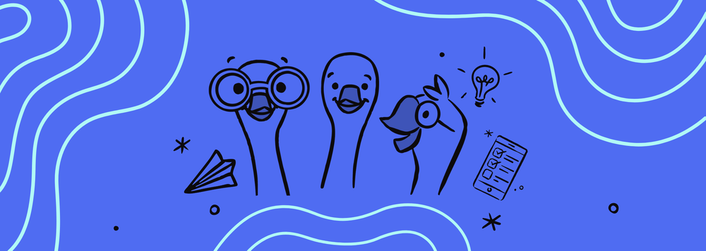 3 goslings surrounded by doodles of a paper plane, lightbulb, and cellphone with the Goosechase app loaded on it