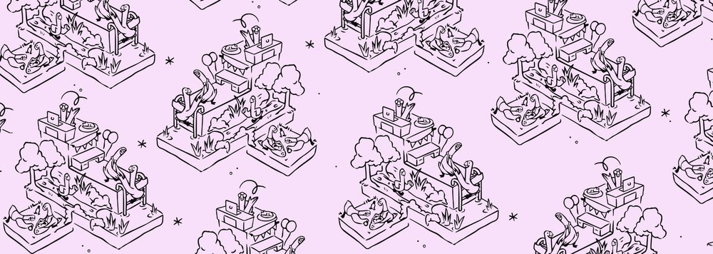 A mosaic of geese engaging in different community events against a pink background