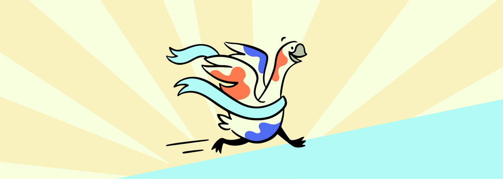 A goose covered in colored powder runs across a finish line