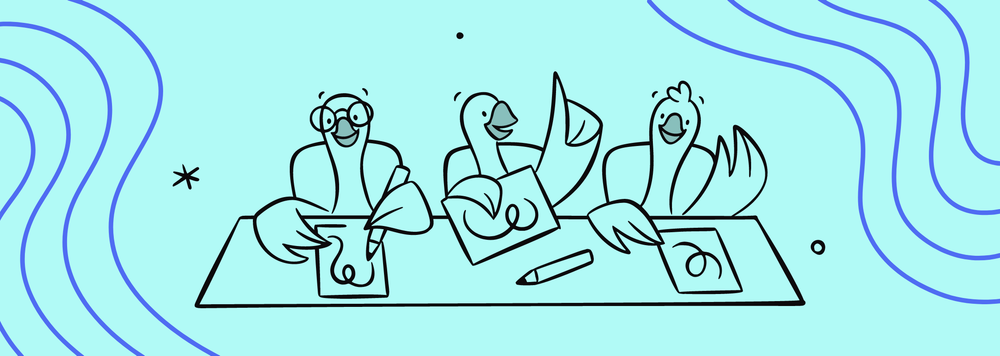 3 goslings seated at a school table doodling