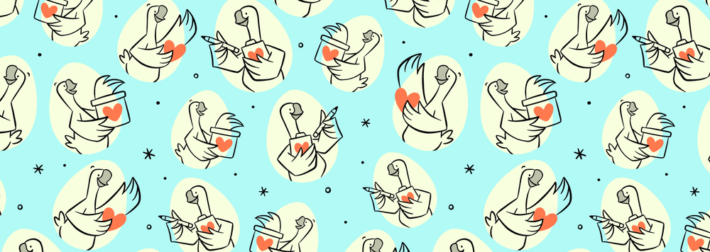 illustrated geese holding various objects with hearts on them