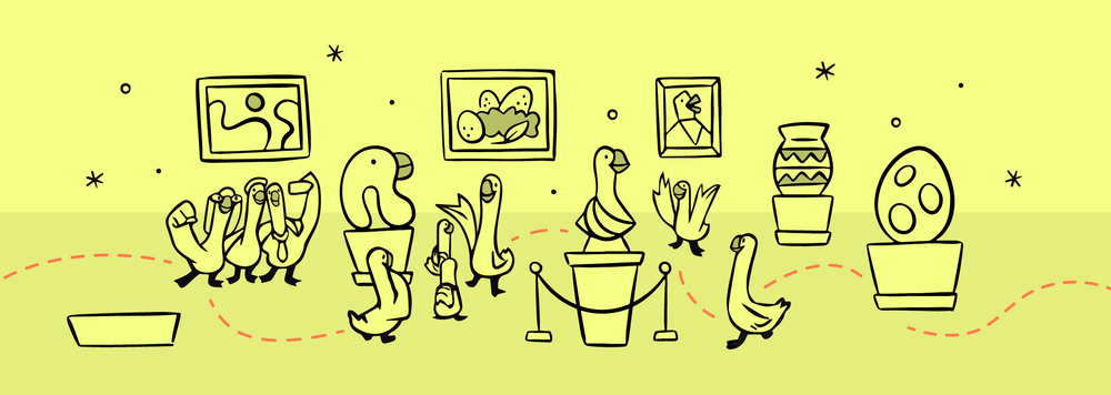 Geese wandering through a museum full of goose and egg-themed art