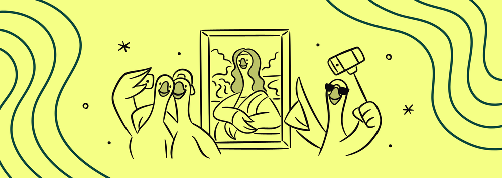 A trio of tourist geese taking a selfie with the Mona Lisa