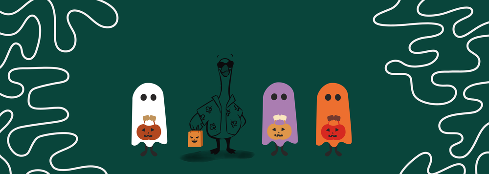 4 trick-or-treaters, including one goose, holding bags of candy