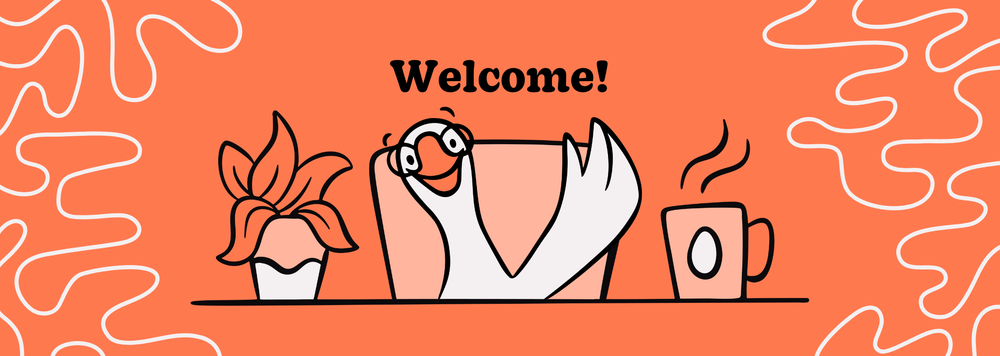 A goose waving behind an office desk, under the word "welcome!"