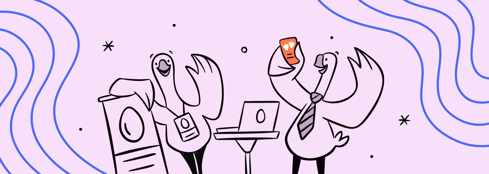 Two geese waving. One is wearing a lanyard, while the other is in a tie and holding a phone.