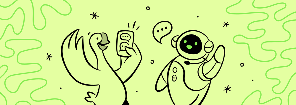 A goose and a robot waving at each other and having fun conversation