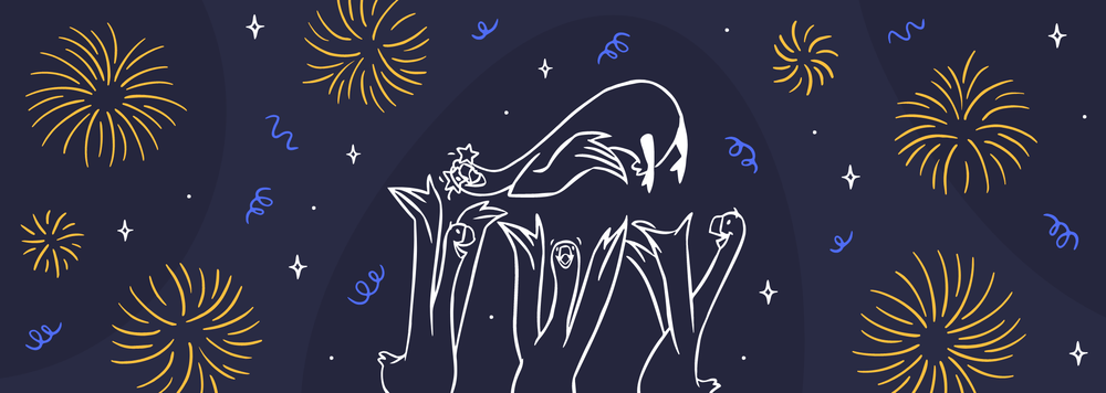 4 happy geese celebrating a new year with fireworks