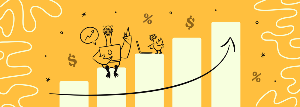 Two geese on laptops sitting on a graph trending upwards