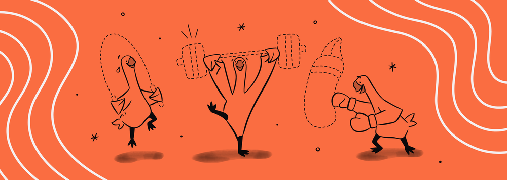 Three geese exercising with different types of equipment.