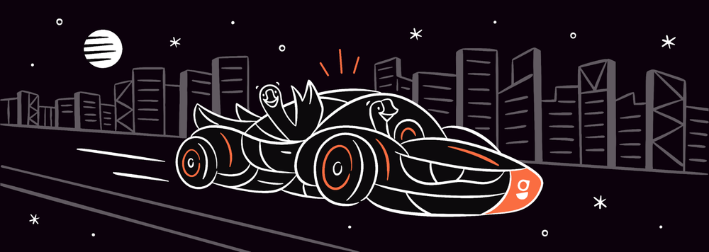 Two geese driving into the night in a futuristic car