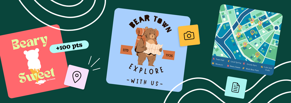 photos of Bear-shape ice cream with the text, 'Beary Sweet' (left), a bear with backpack and map with the text, 'Bear Town Explore with us' (center), a map (right)