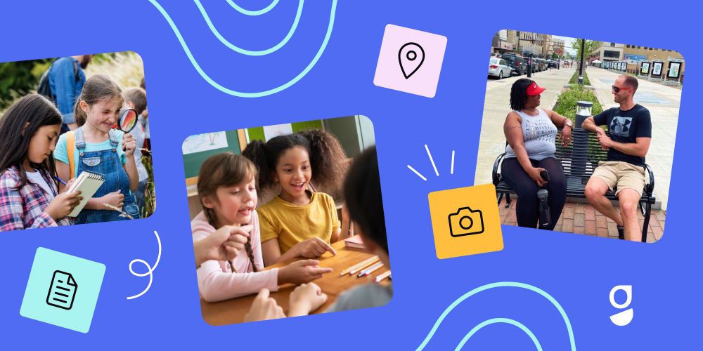 A collage of students and teachers interacting during class and team building.