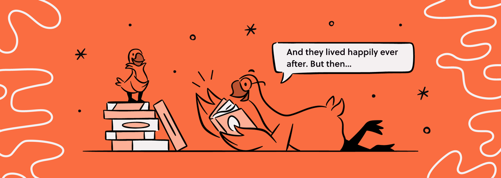 A goose reading to a little goose