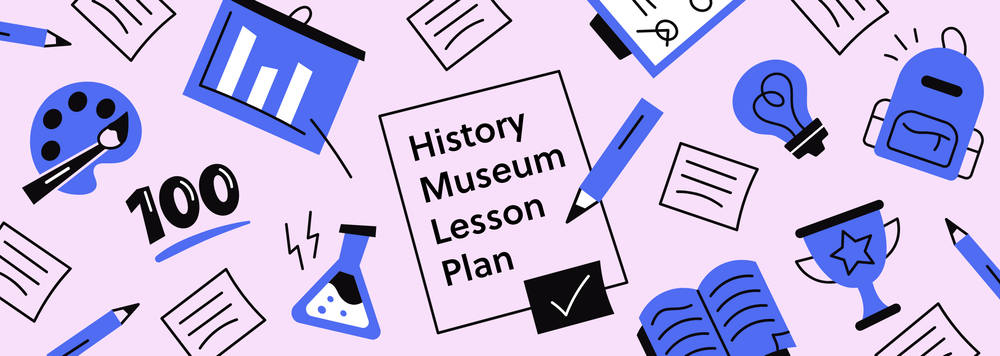 A collage of school supplies like pens, beakers, paint, and textbooks