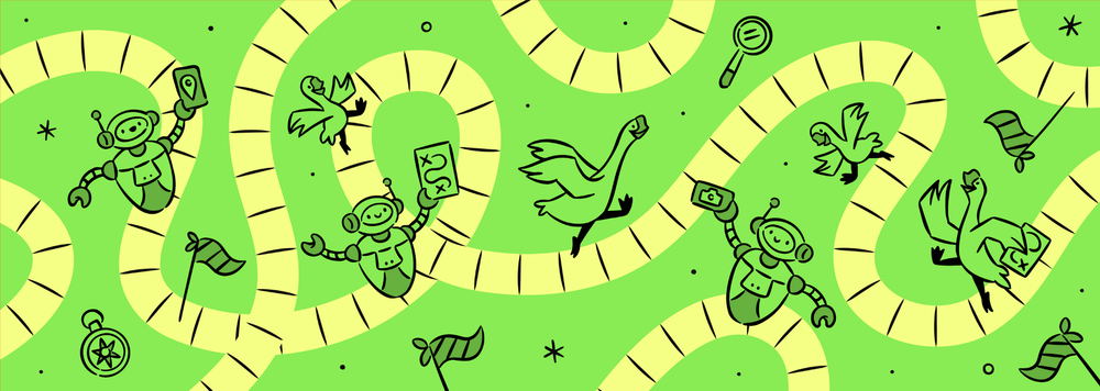 illustration of robots and geese going on scavenger hun