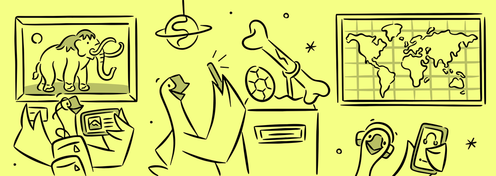 3 smiling geese observing a museum exhibit and taking photos