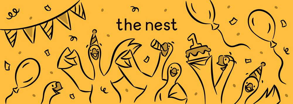 Six geese in party hats surrounded by balloons and celebrating with a cake