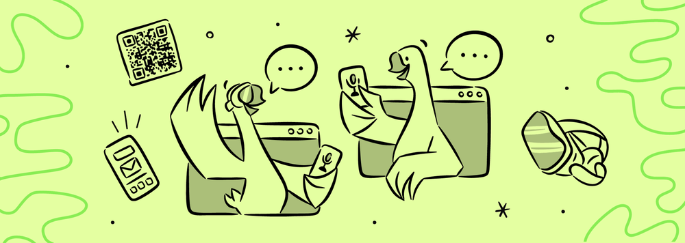 Two geese talking to each other from different screens