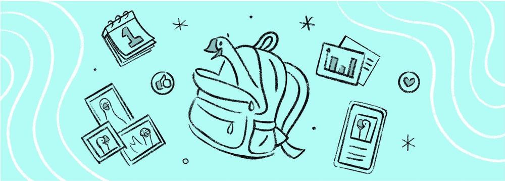 A smiling goose popping its head out of a backpack