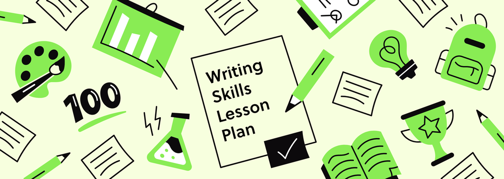 A collage of school-related items like papers, charts, pencils, and backpacks