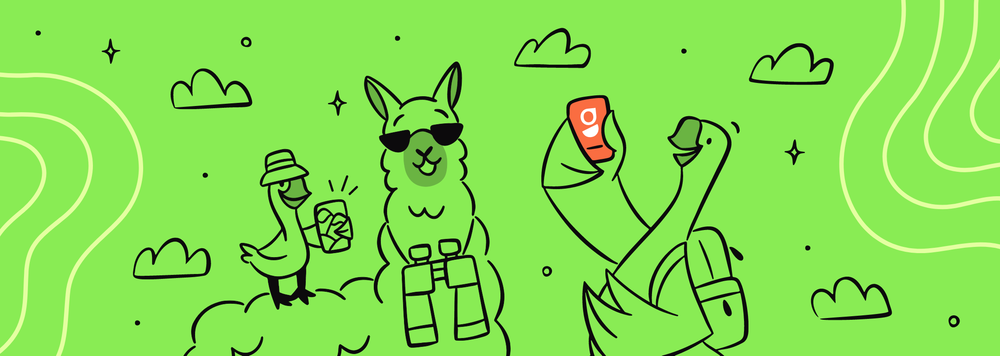 Two geese and a llama go on a hike with binoculars and a phone.