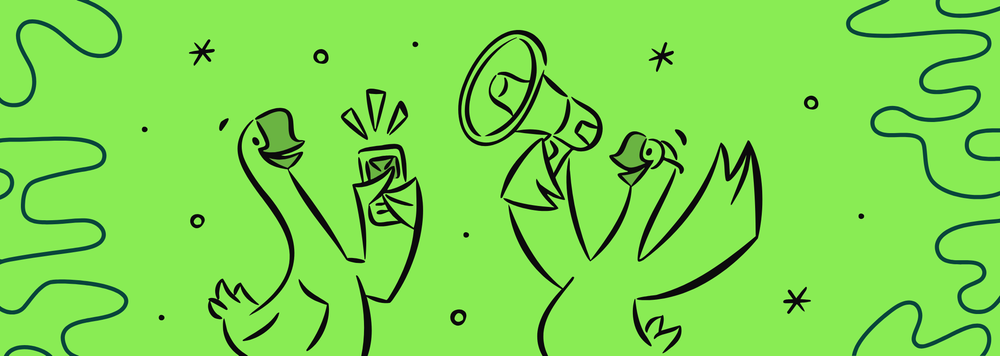 two cartoon geese, one holding a phone (left) and one holding a megaphone (right)