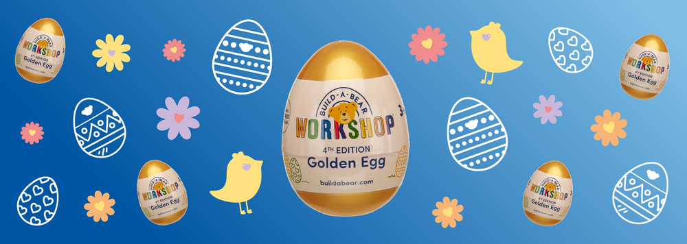 A large golden egg from Build-A-Bear surrounded by cartoon chicks, decorated Easter eggs, and flowers