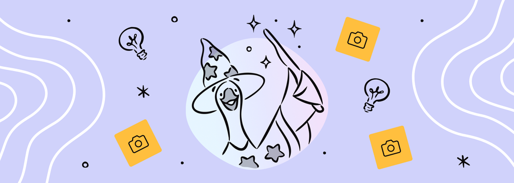 A goose with a wizard hat and wand surrounded by stars and floating cameras