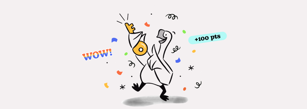 A goose holding a large key and surrounded by confetti and the word "wow"!