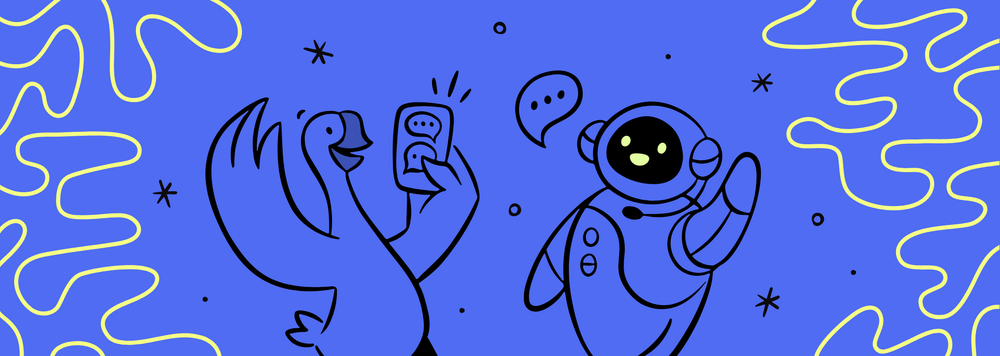 A goose holding a cellphone and waving at a smiling robot